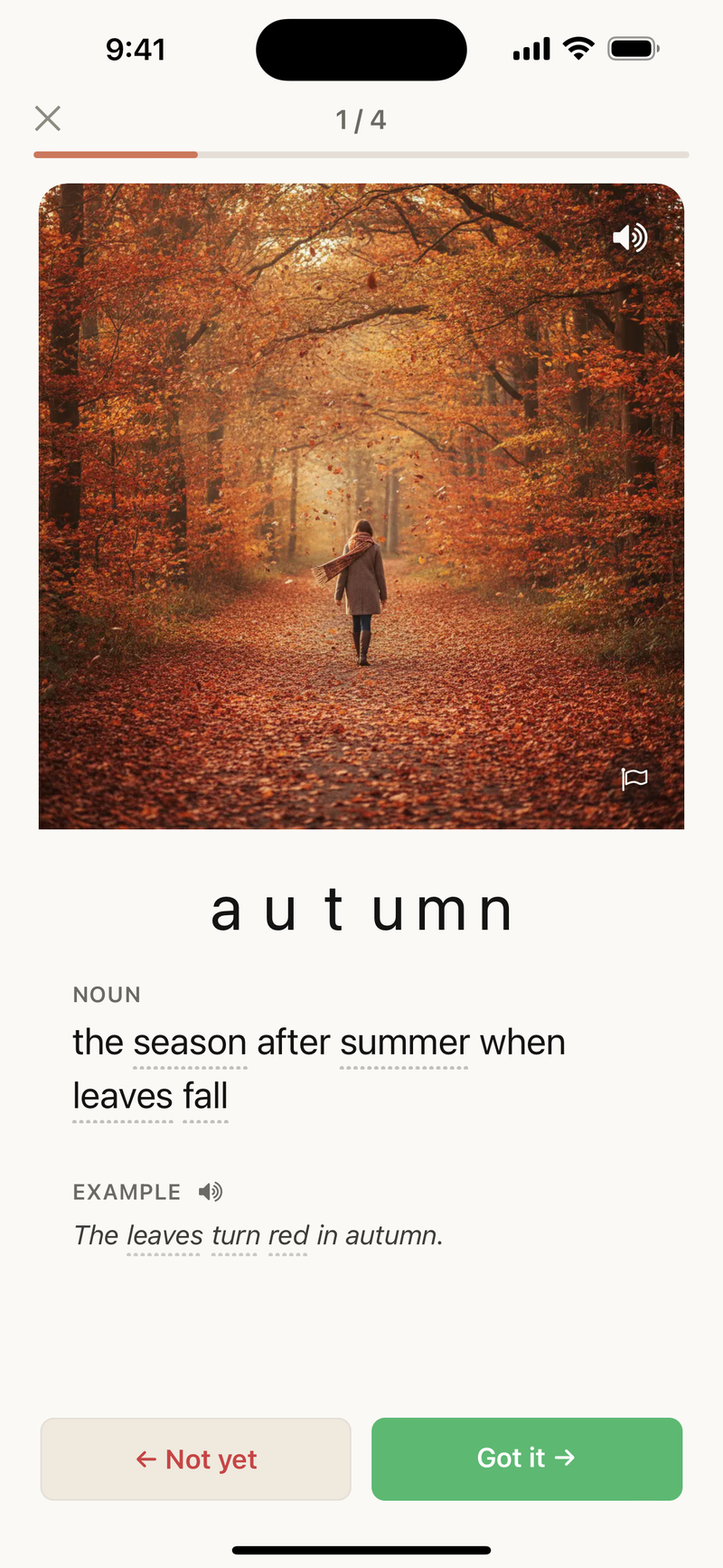 A pictan study card for “autumn,” showing a forest of fall leaves, a plain-English definition, and an example sentence.