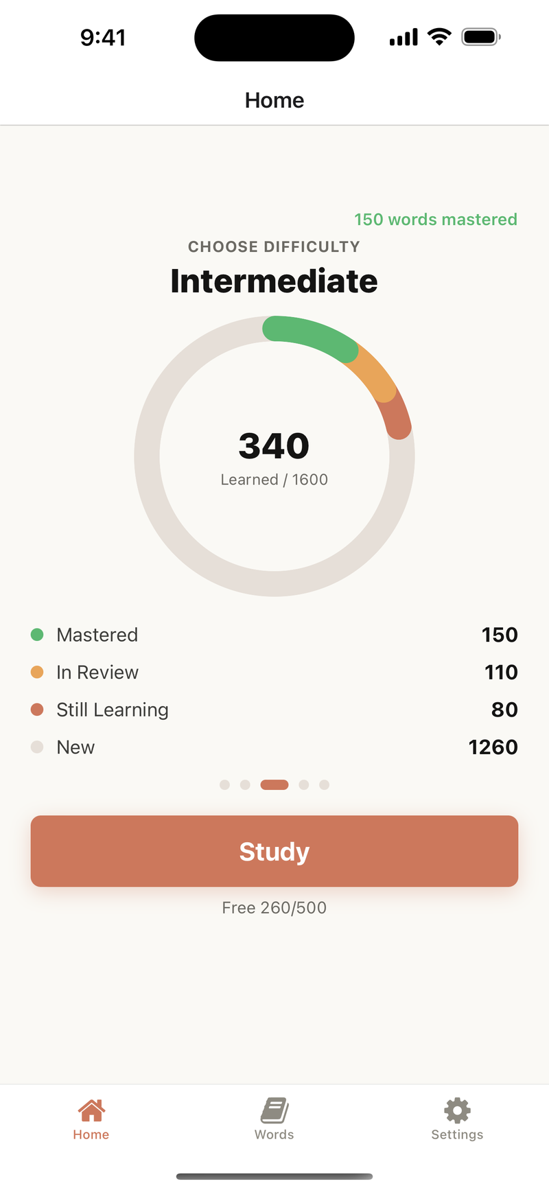 The home screen: a progress ring and the breakdown of retained / settling / learning / not-yet-started words.