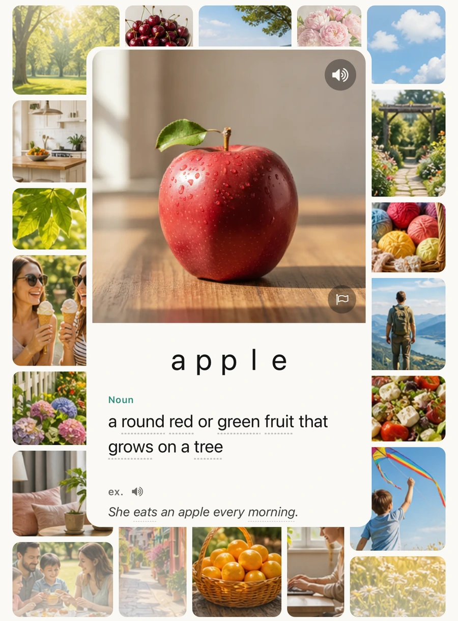 An actual apple study card with a vivid red apple and its English definition, surrounded by a collage of everyday scenes.