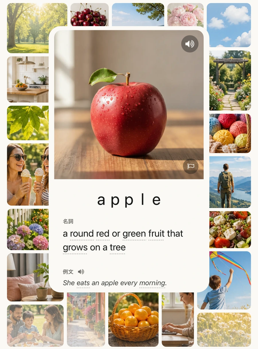 赤いりんごの画像とappleの英語の定義を組み合わせた実学習カード。周囲にはさまざまな情景の写真。