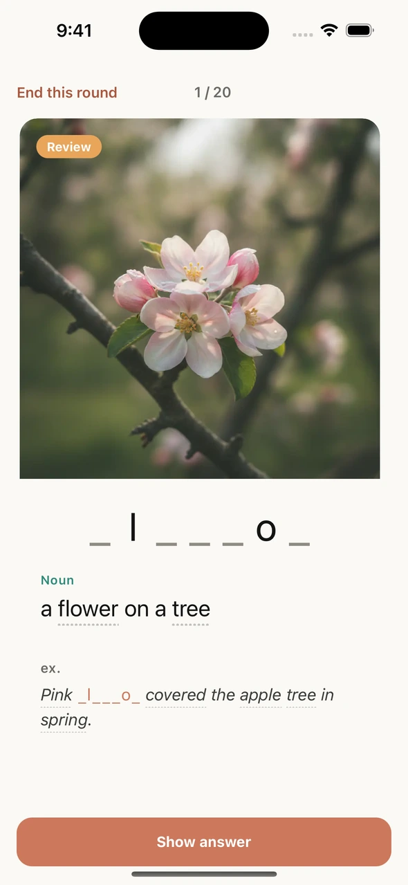 An actual later blossom review with two visible hint letters.