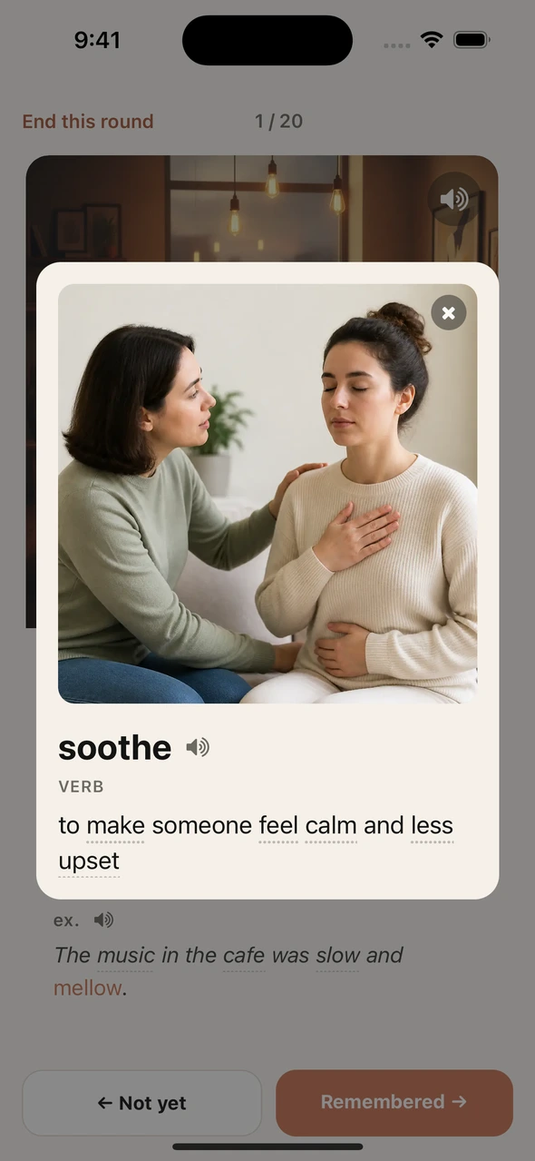The soothe image and English definition open over the original learning card.