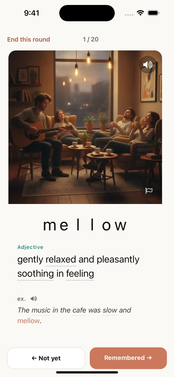 An actual mellow card with a dotted link on soothing in its definition.