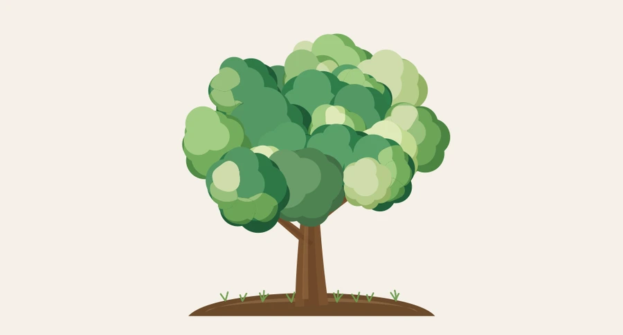 The app’s vocabulary tree, with a grown trunk and branches and leaves in light and deep greens representing memory stages.