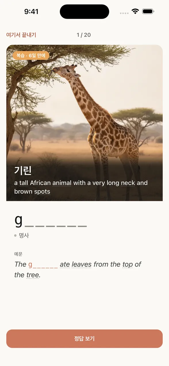 앱의 복습 화면(정답 보기 전). 이미지 위에 한국어 뜻과 영어 설명이 있고, 그 아래에 첫 글자만 보이는 글자 힌트가 있어요.