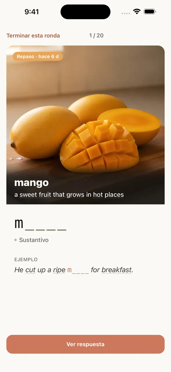 Pantalla de repaso de la app (antes de ver la respuesta): sobre la imagen, el significado en español y la definición en inglés; debajo, una pista que solo muestra la primera letra.
