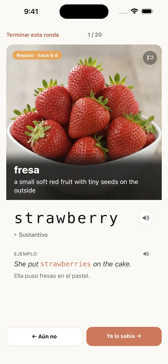 Pantalla de la app después de ver la respuesta: la palabra es strawberry (fresa), con una frase de ejemplo y su traducción al español.
