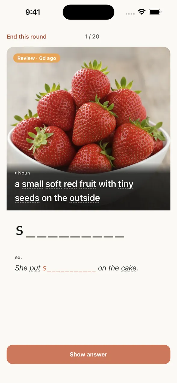 App review screen before the answer: the picture with its English definition, and a letter hint that shows only the first letter.