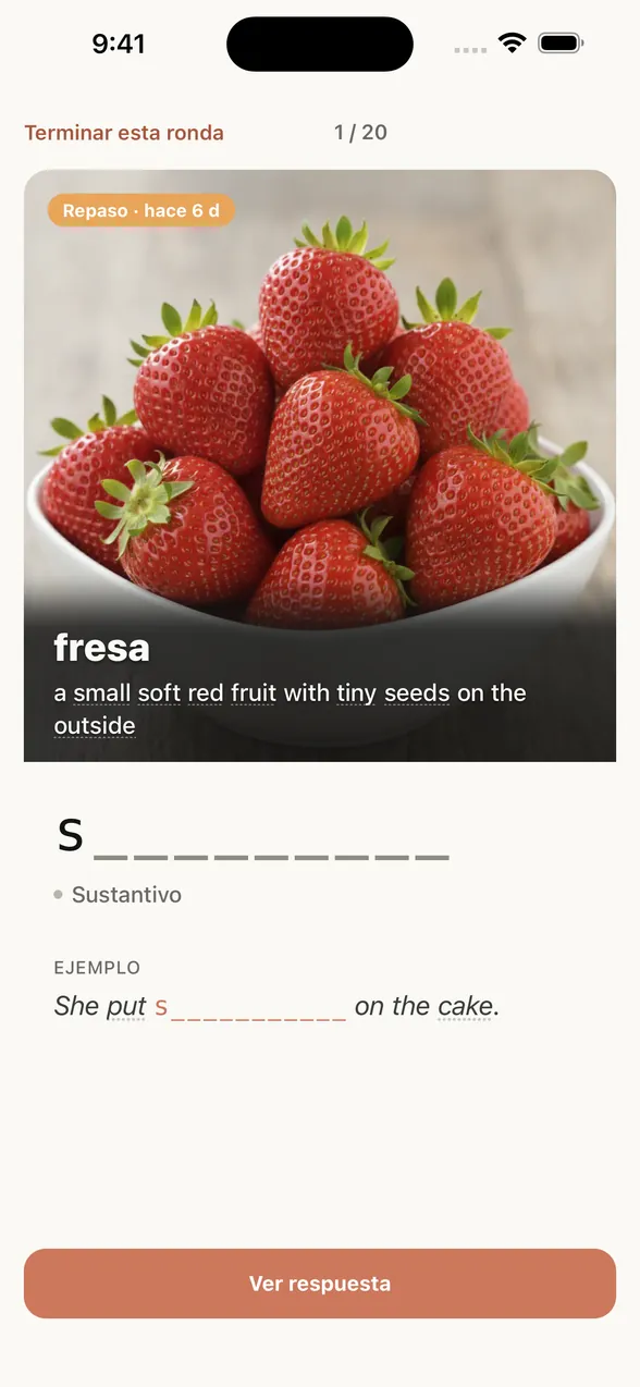 Pantalla de repaso de la app (antes de ver la respuesta): sobre la imagen, el significado en español y la definición en inglés; debajo, una pista que solo muestra la primera letra.